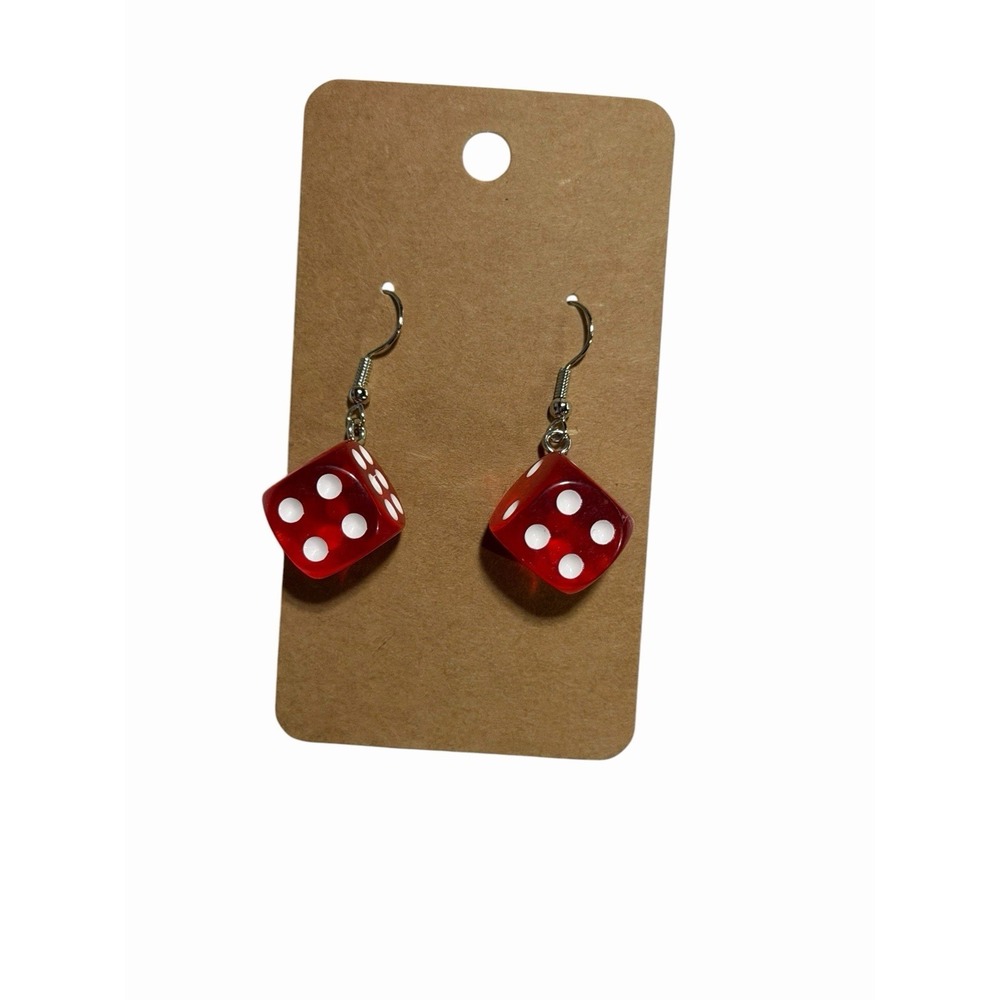 Red Translucent Resin‎ Dice Drop Earrings Silver Tone Fishhook Dangle Retro